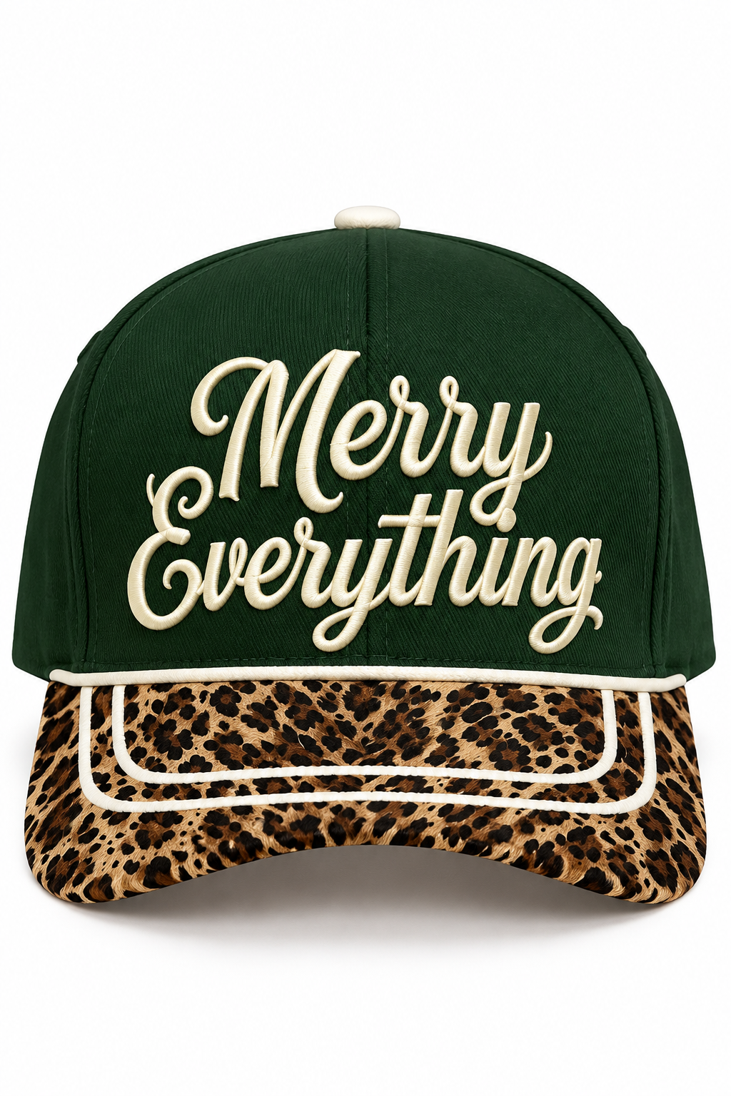 Merry Everything Leopard Print Christmas Snapback Hat | Forest Green Embroidered Cap