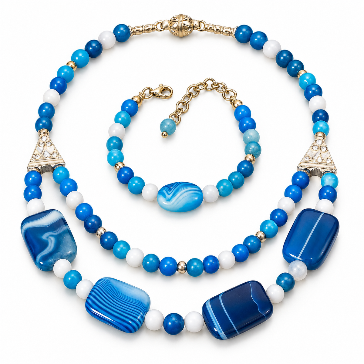 Blue Agate Gemstone Necklace & Bracelet Set
