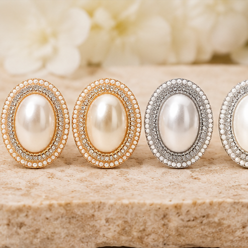Timeless Elegance Oval Faux Pearl Halo Stretch Ring | Gold & Silver