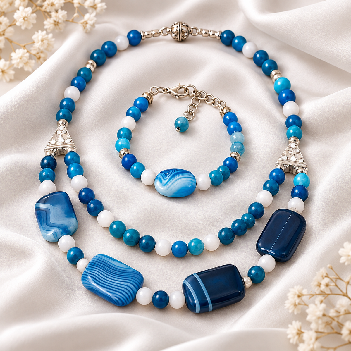 Blue Agate Gemstone Necklace & Bracelet Set