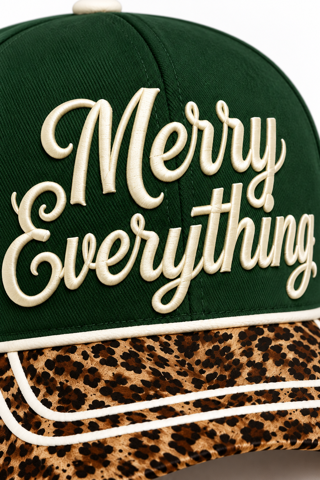 Merry Everything Leopard Print Christmas Snapback Hat | Forest Green Embroidered Cap
