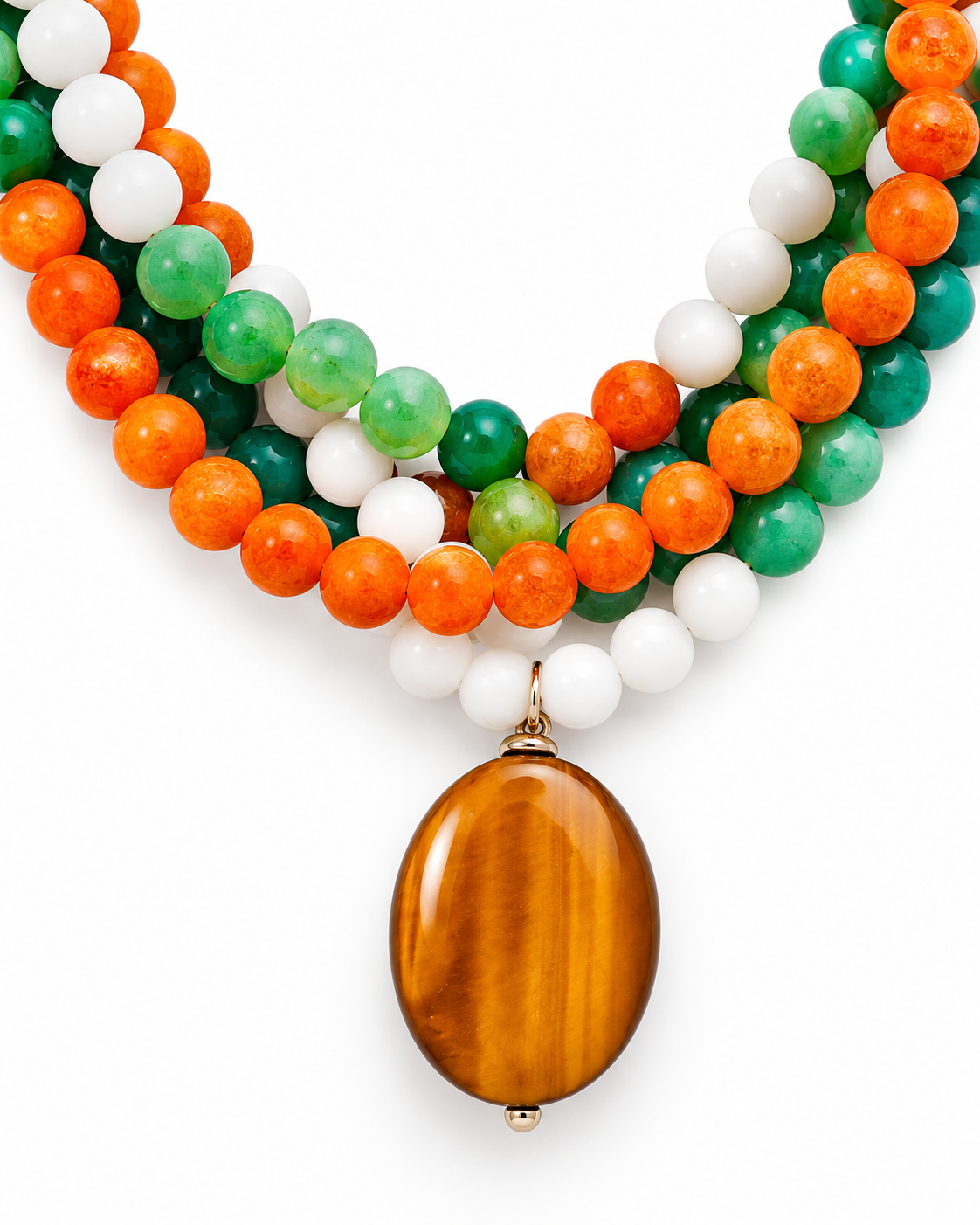 Triple-Strand Orange, Green & White Agate Gemstone Necklace