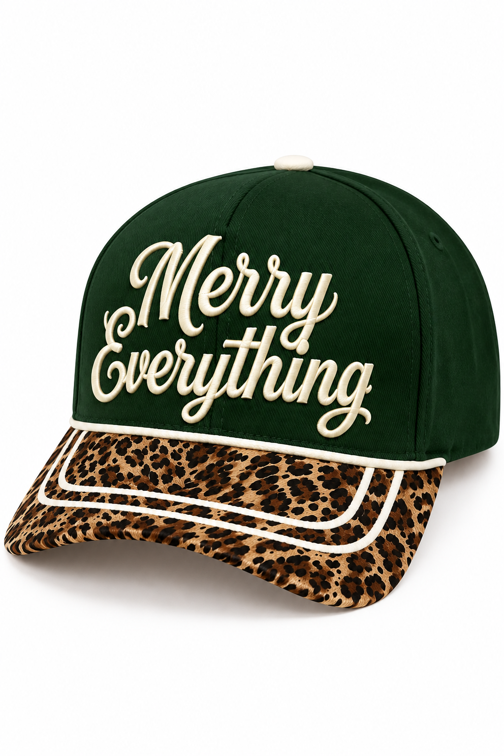 Merry Everything Leopard Print Christmas Snapback Hat | Forest Green Embroidered Cap