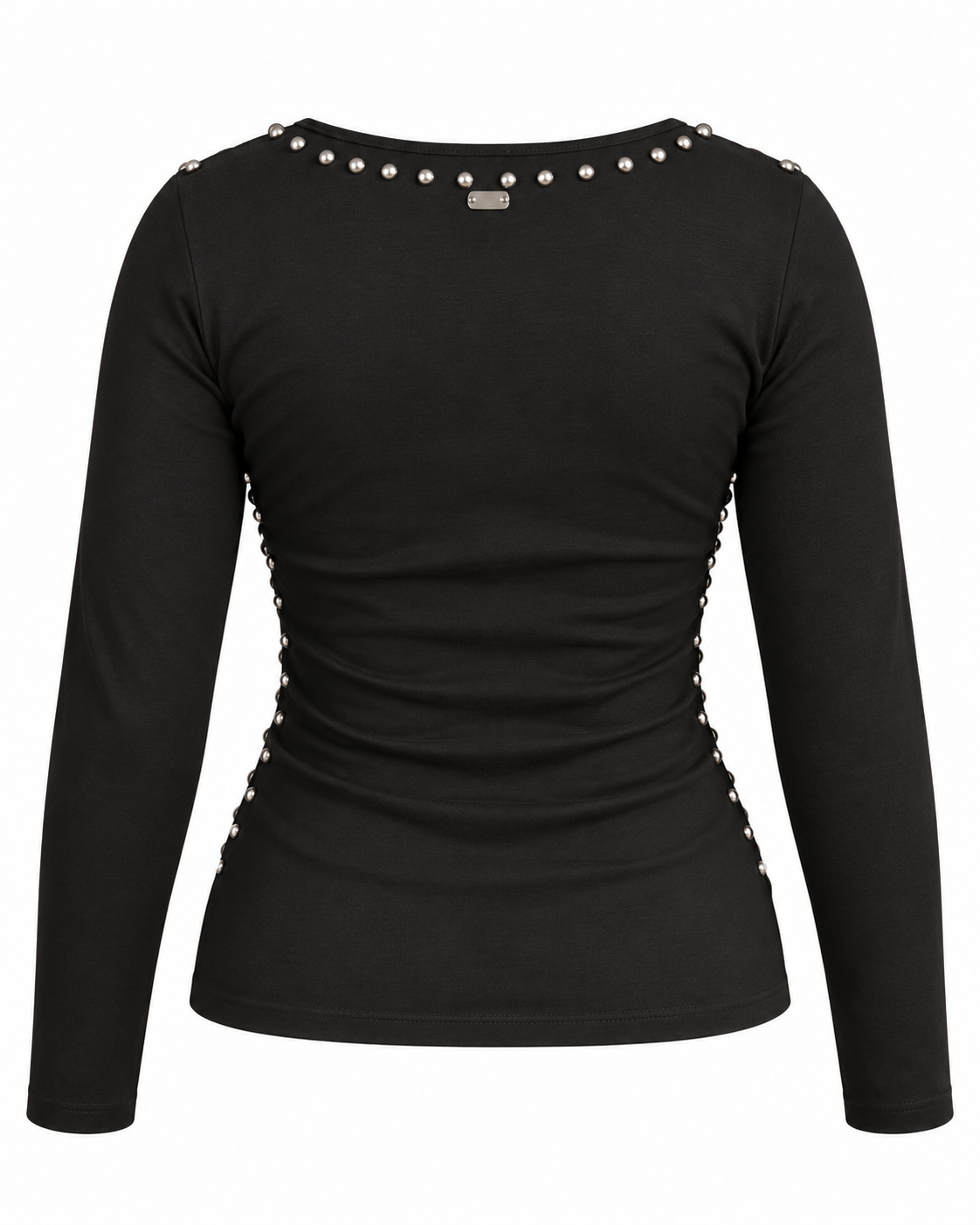 A black long-sleeve top with silver metallic studs along the neckline and side cutouts, shown against a plain white background.