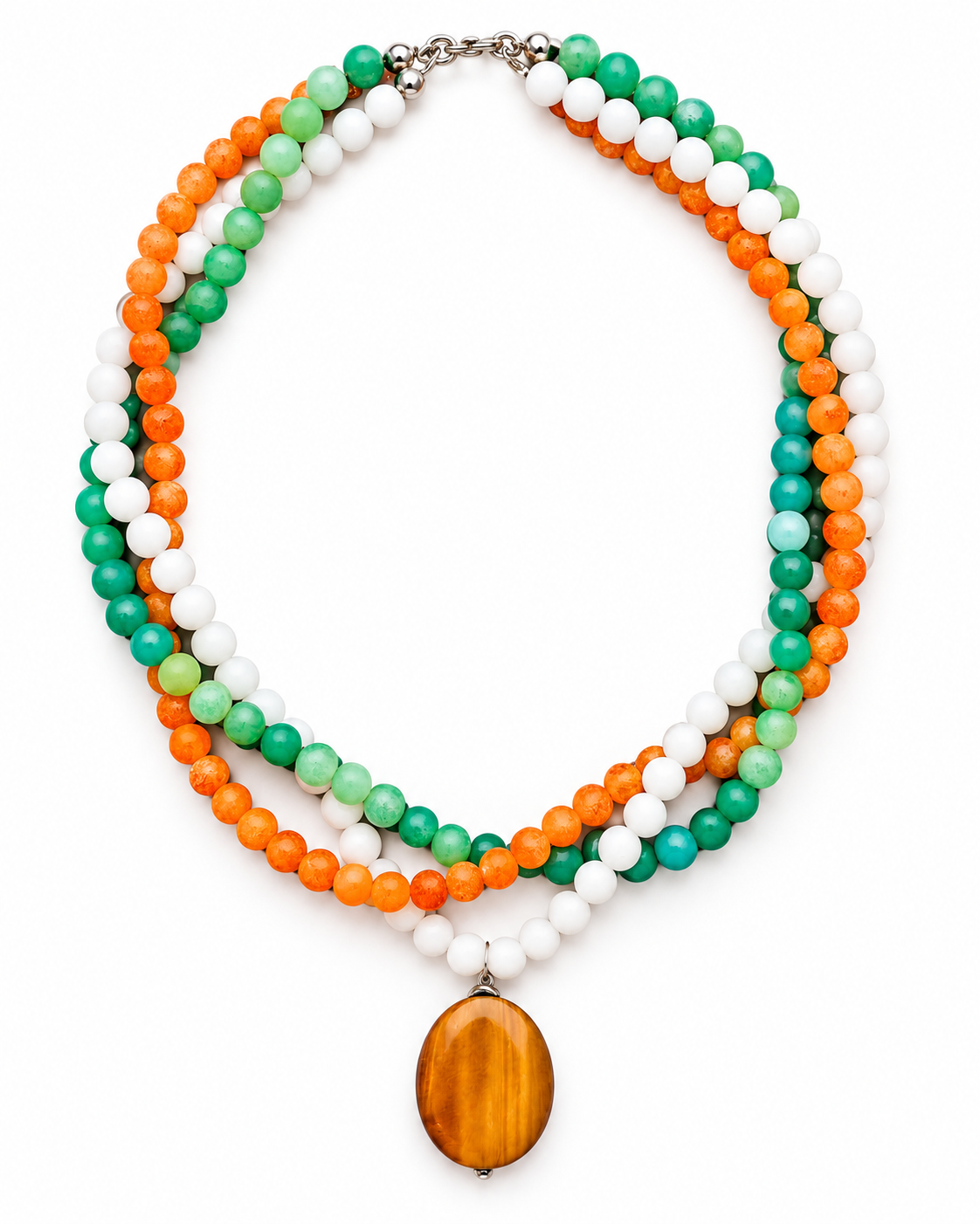 Triple-Strand Orange, Green & White Agate Gemstone Necklace