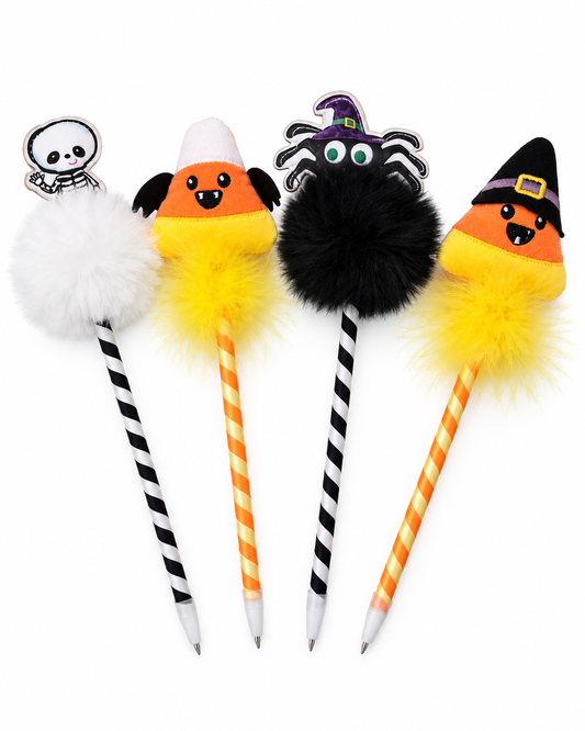 Spooky Scribbles Halloween pom pens in skeleton, spider, candy corn bat, and candy corn witch styles on a white background