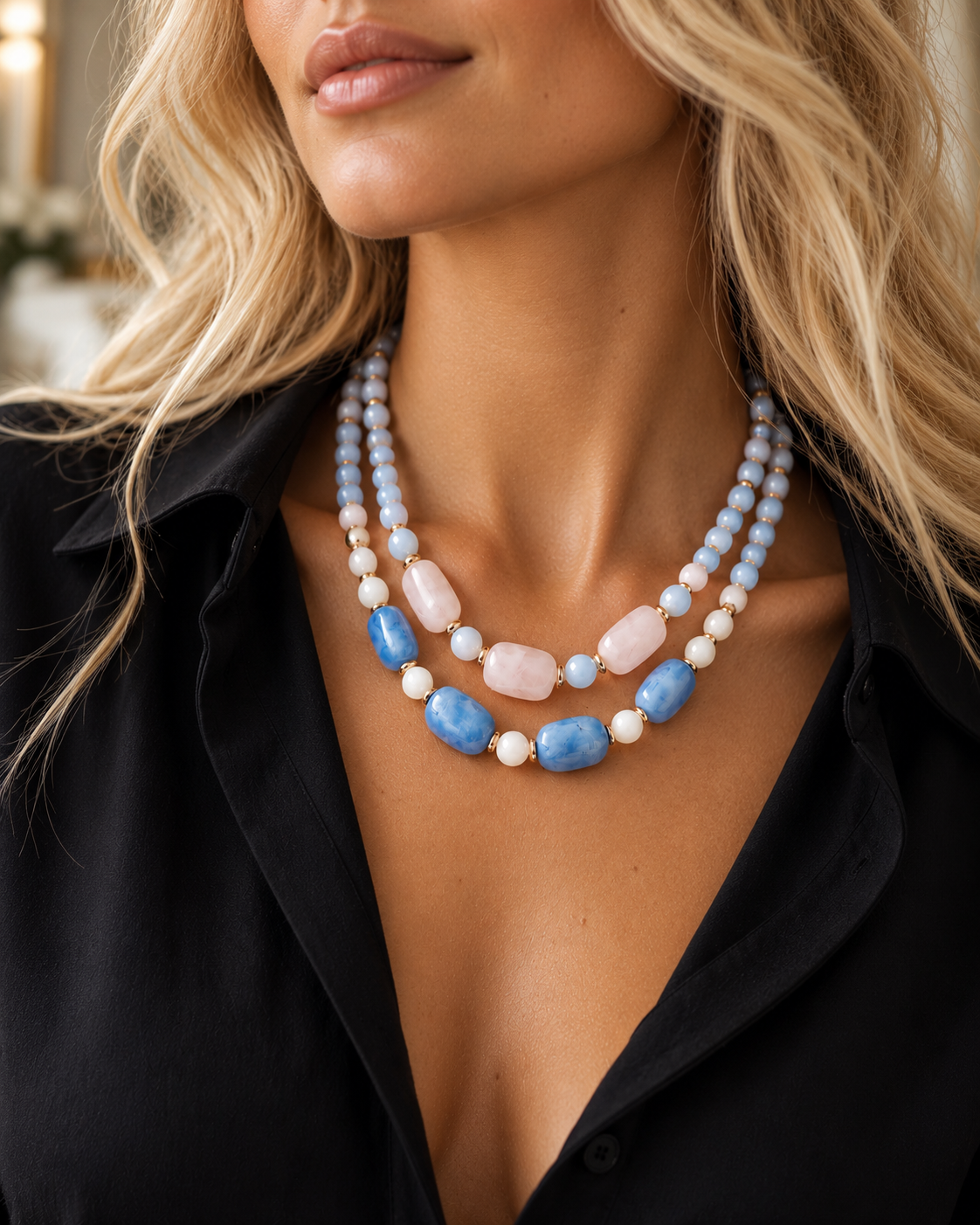 Layered Smoky Quartz & Blue Quartz Gemstone Necklace