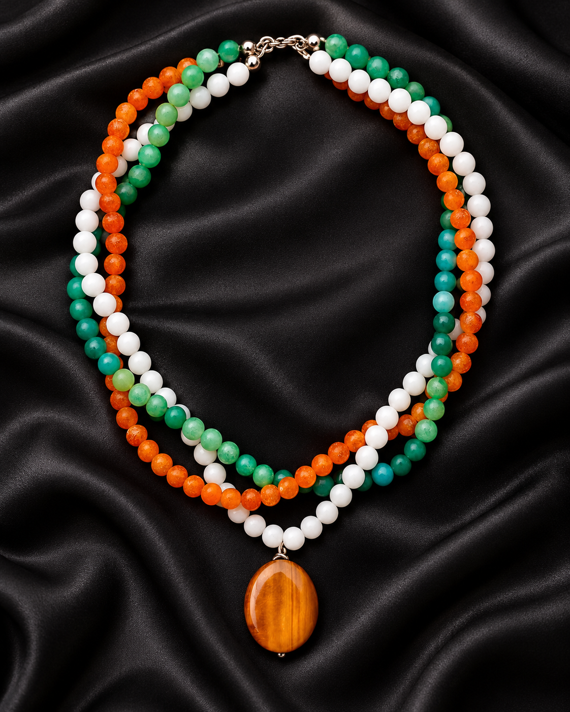 Triple-Strand Orange, Green & White Agate Gemstone Necklace