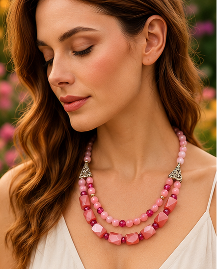 Rose Quartz & Mother of Pearl Necklace and Bracelet Set