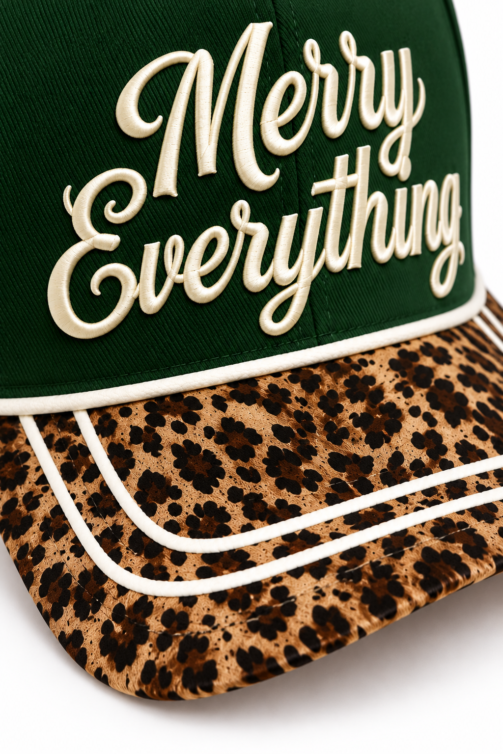 Merry Everything Leopard Print Christmas Snapback Hat | Forest Green Embroidered Cap