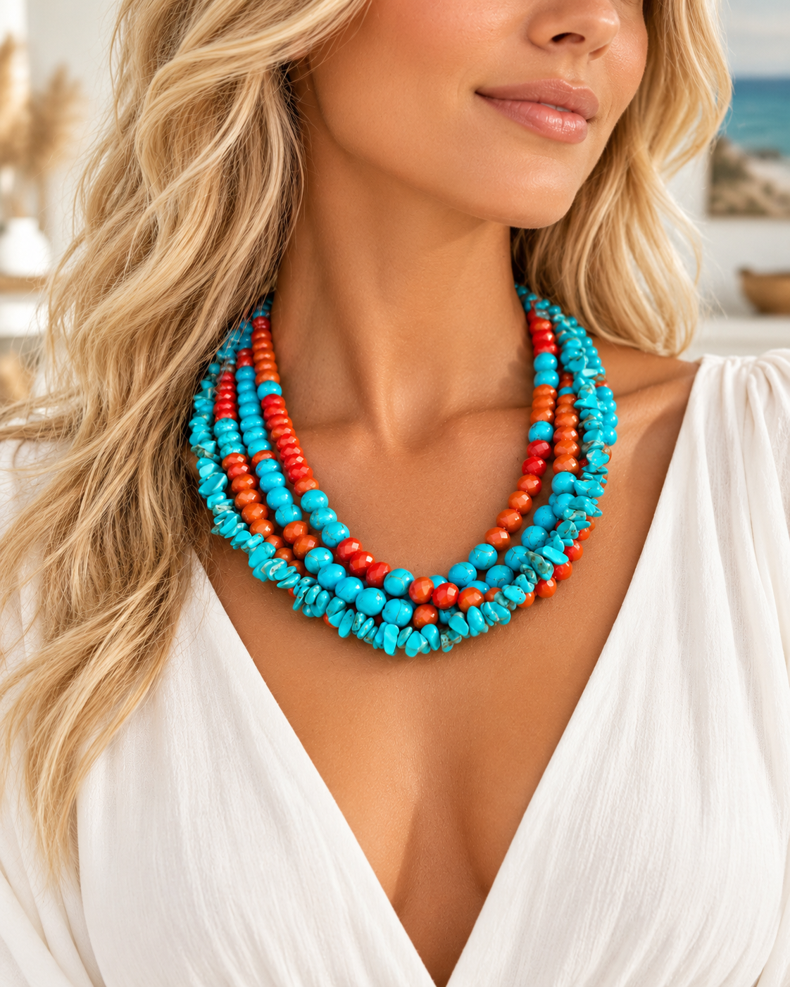 Four-Strand Turquoise & Crystal Statement Necklace