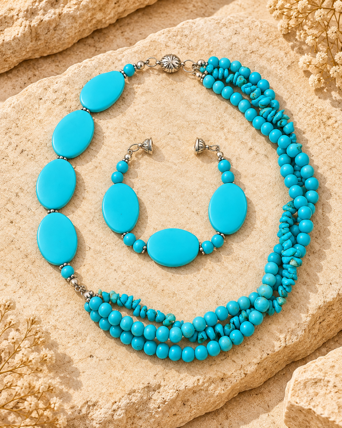 Turquoise Stone Necklace & Bracelet Jewelry Set
