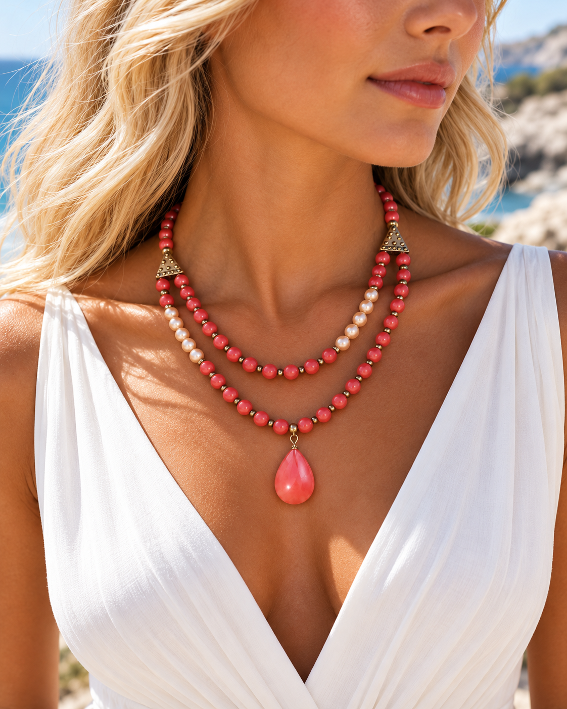 Layered Rose Quartz & Pearl Accent Necklace