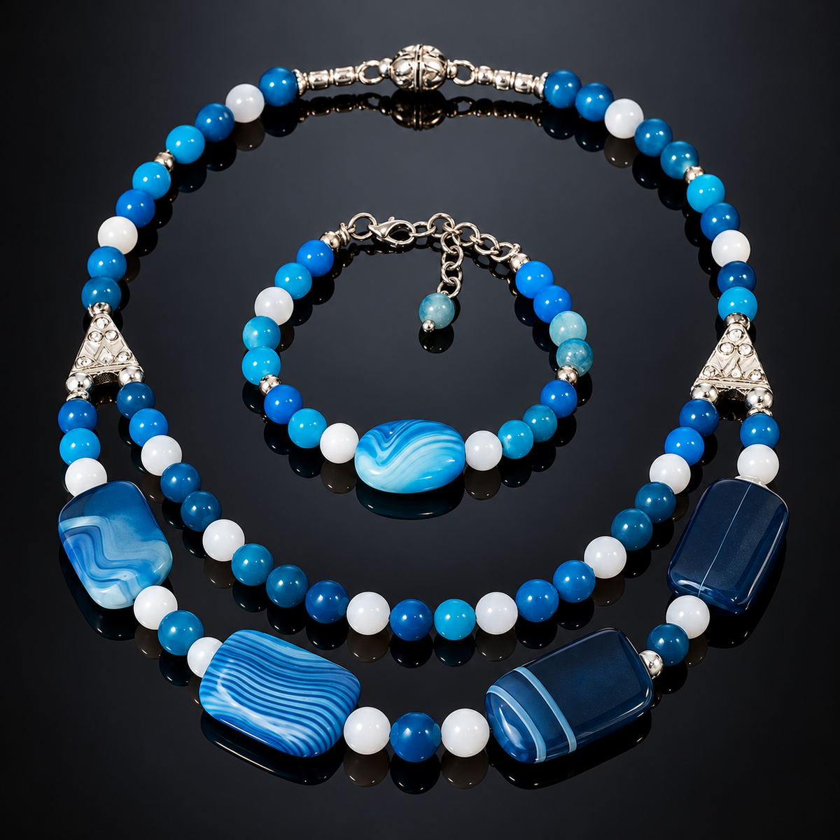 Blue Agate Gemstone Necklace & Bracelet Set