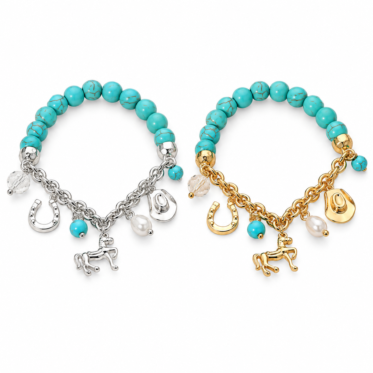 Two beaded charm bracelets displayed side by side on a white background. One bracelet is silver-toned with turquoise beads, a small turquoise bead, a clear crystal charm, a pearl charm, and horse-themed charms.