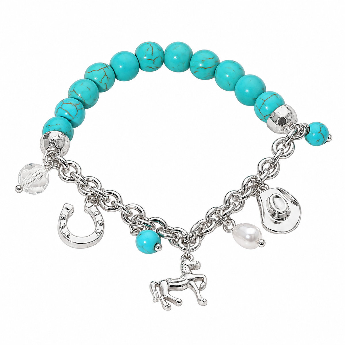 A turquoise beaded charm bracelet with silver-tone chain links and multiple charms, including a horseshoe, deer, pearl, and crystal ball, on a white background.