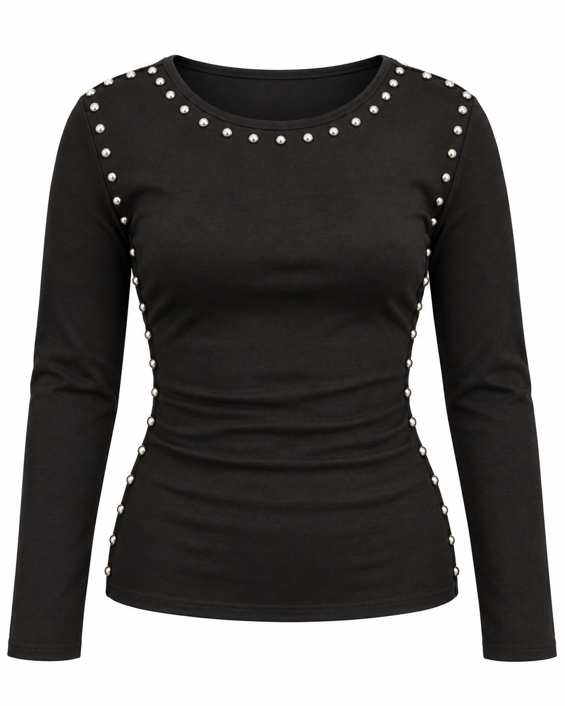 A black long-sleeve top with decorative silver stud embellishments along the neckline and sides, shown against a plain white background.