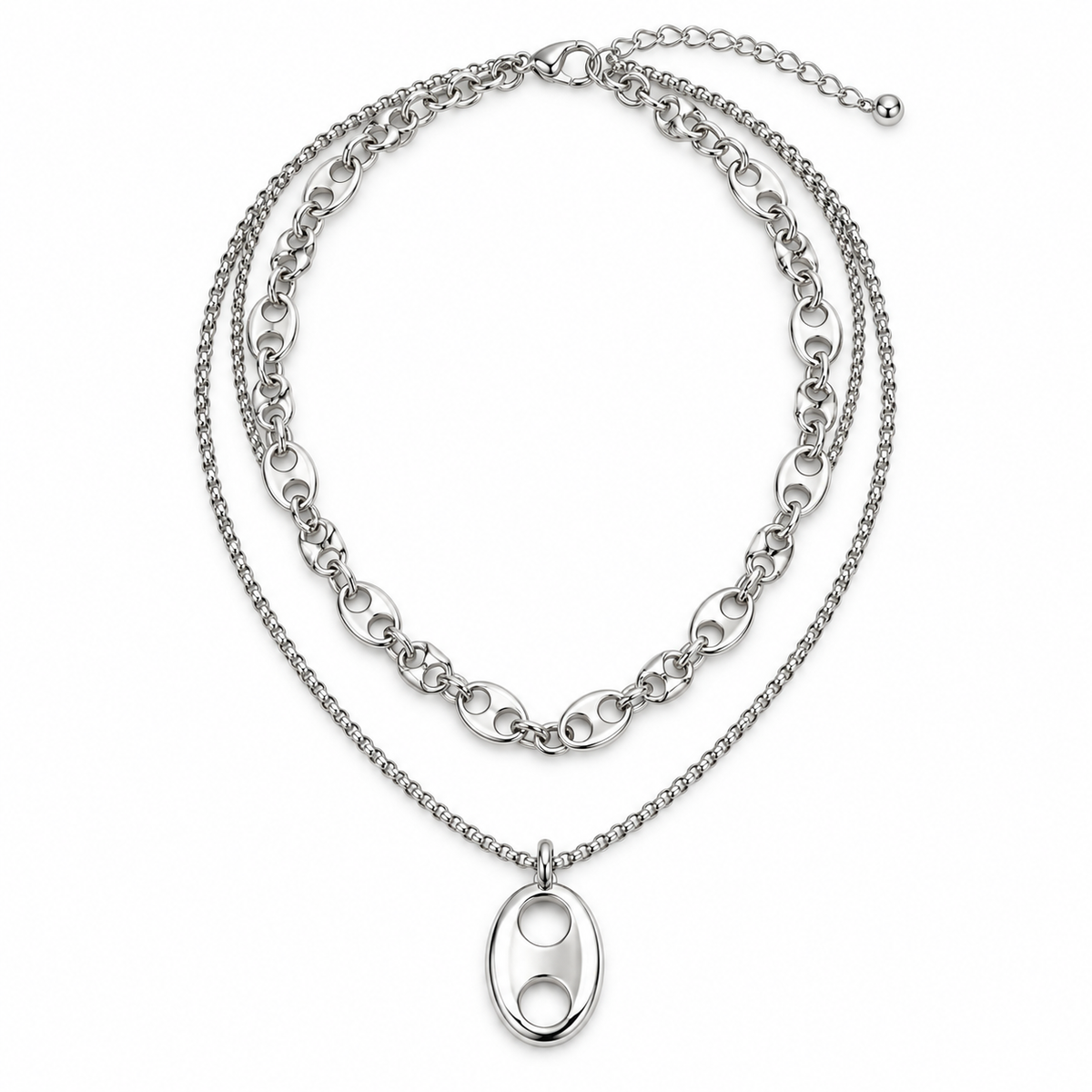 A silver-toned double-layer necklace featuring a chunky oval-link top layer and a delicate chain bottom layer with a matching oval pendant, displayed on a clean white background.