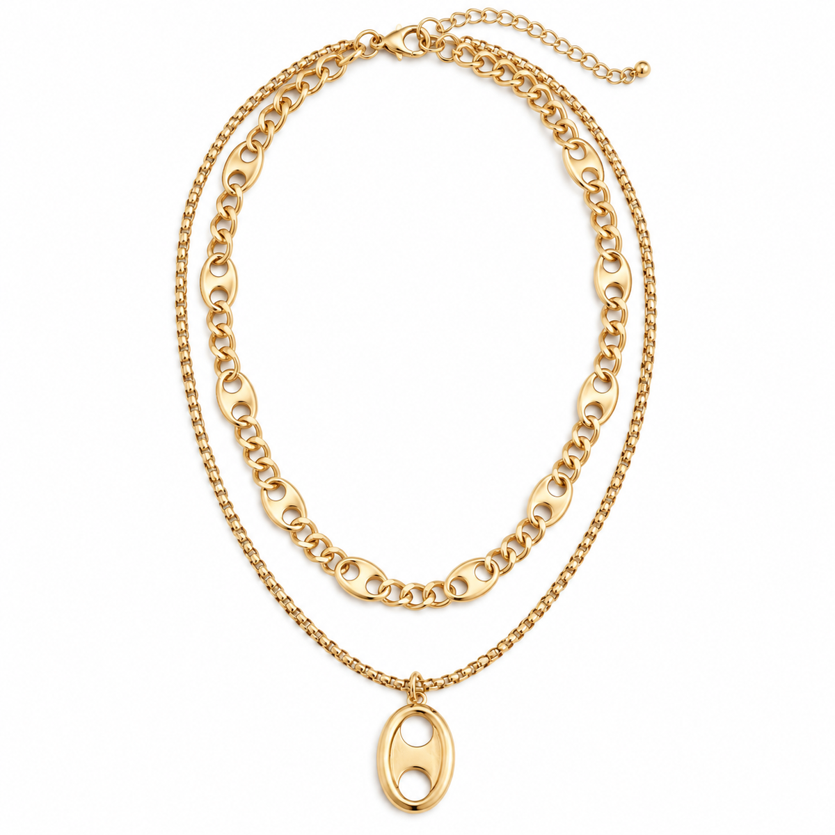 A gold-toned double-strand necklace featuring a chunky link chain and a delicate chain with a small oval pendant, displayed on a clean white background.