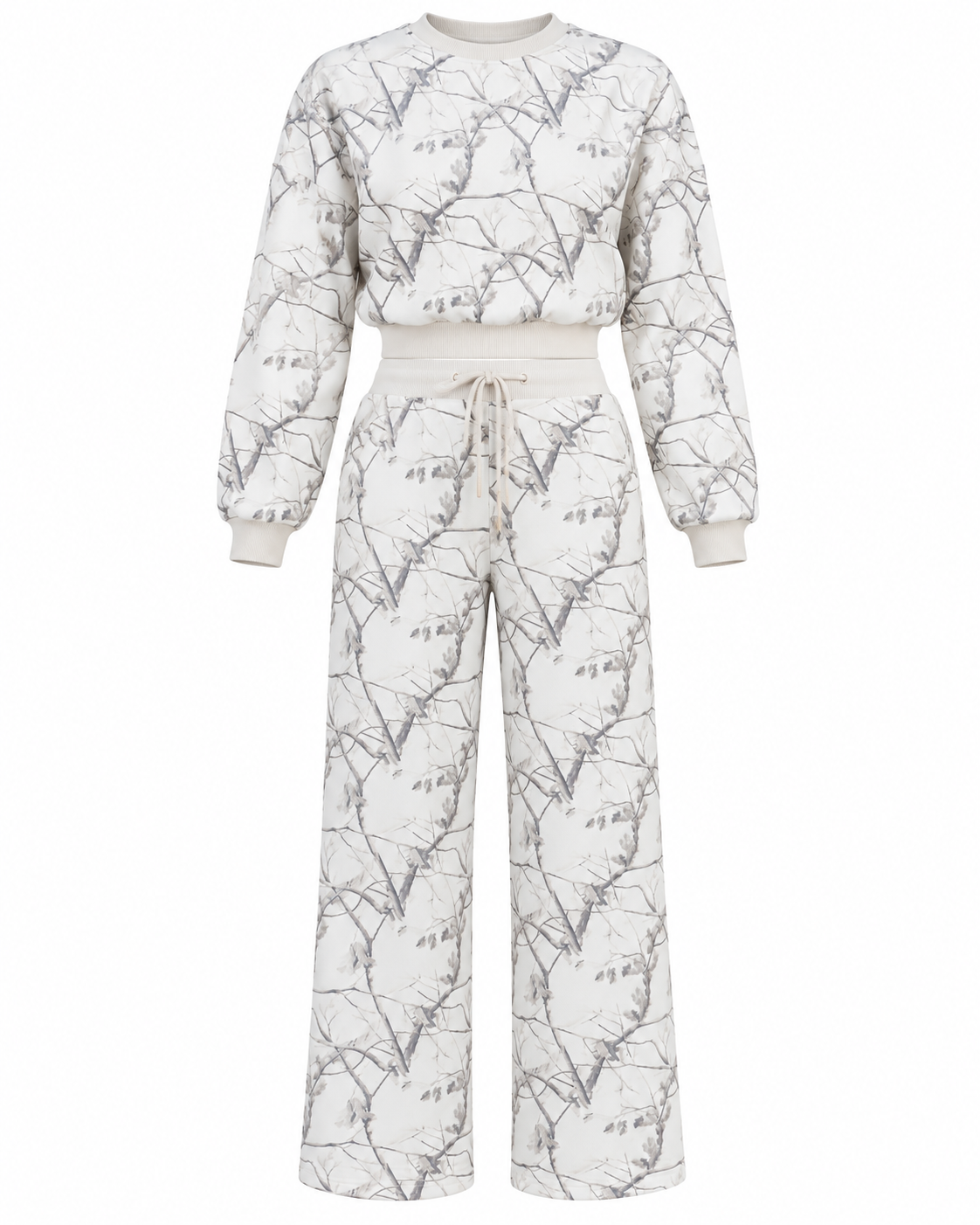 A matching two-piece loungewear set featuring a long-sleeve cropped sweatshirt and wide-leg pants, both in an off-white fabric with a gray branch and leaf pattern, shown against a plain white background.