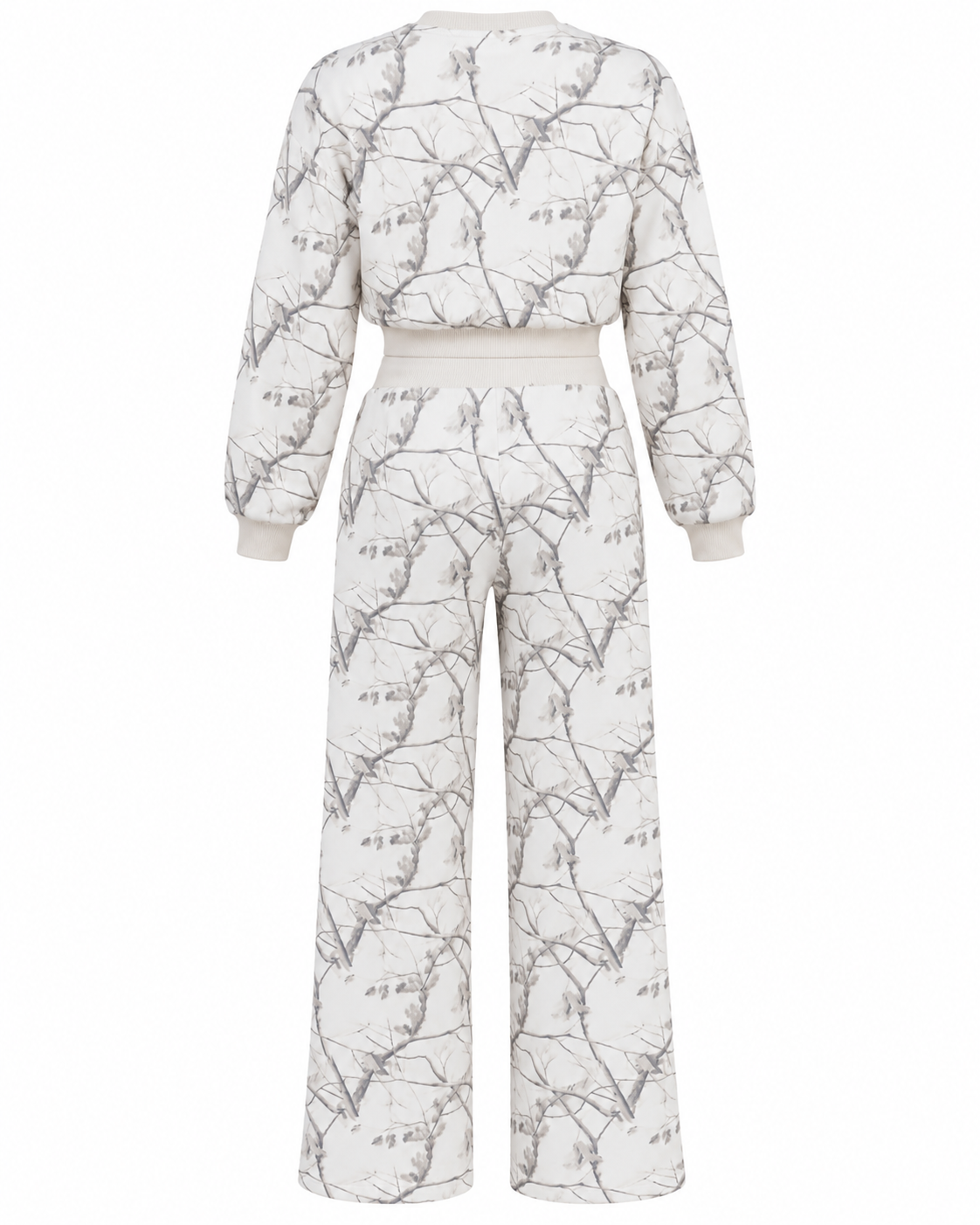 A two-piece matching lounge set featuring a cropped sweatshirt and wide-leg pants, both printed with a gray branch and leaf pattern on a white background.