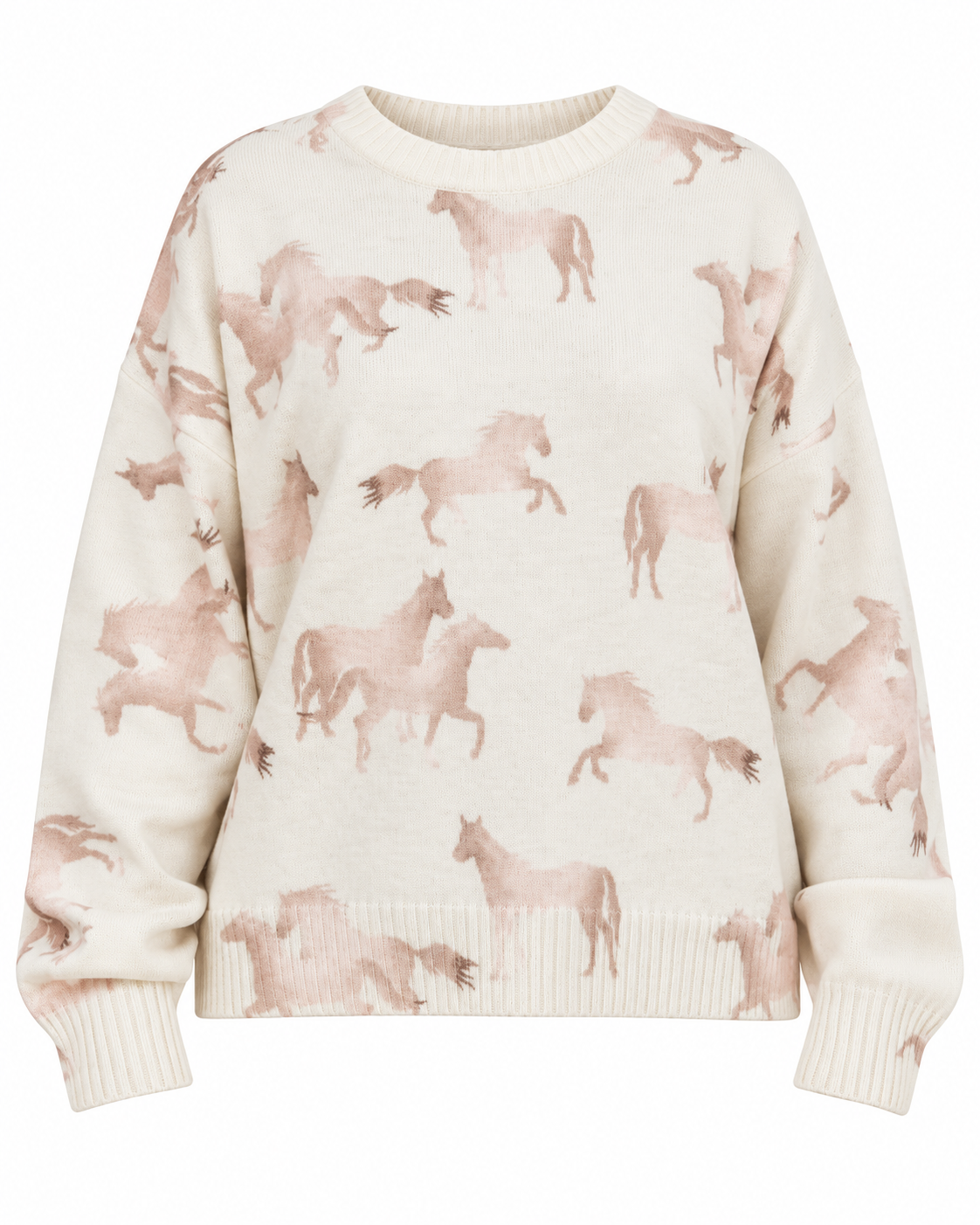 An off-white crewneck sweater featuring an all-over print of dusty rose and brown horses in various rearing poses, shown against a plain white background.