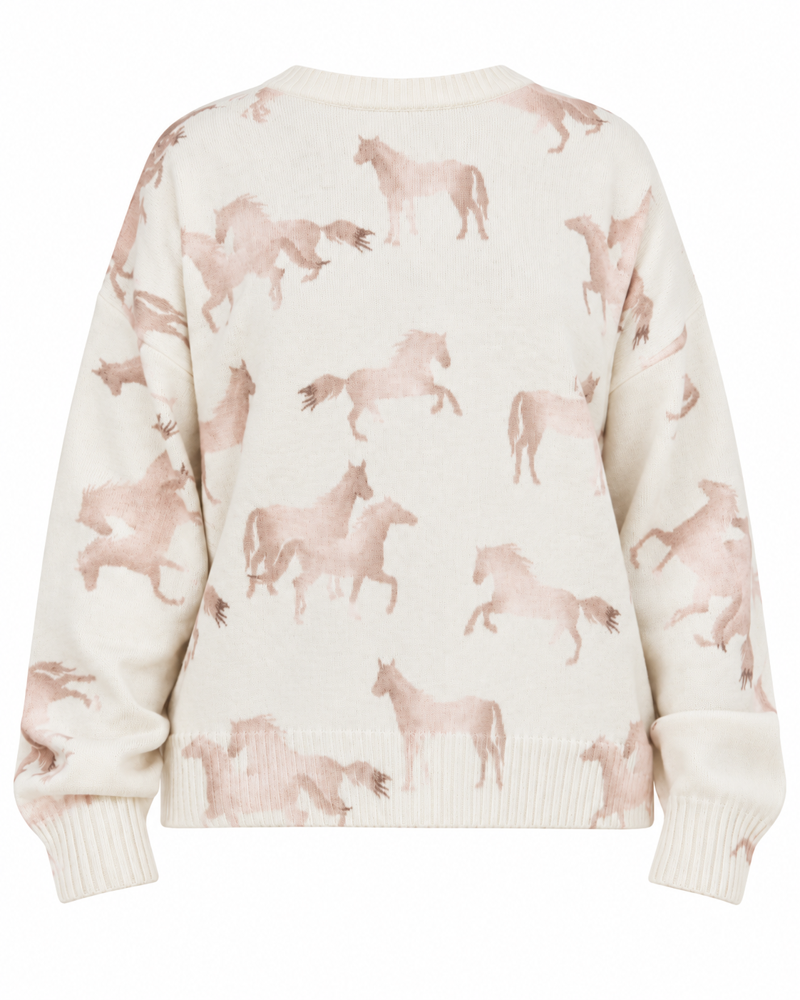 An off-white knit sweater featuring an all-over print of dusty rose pink horses, shown from the back on a solid white background.