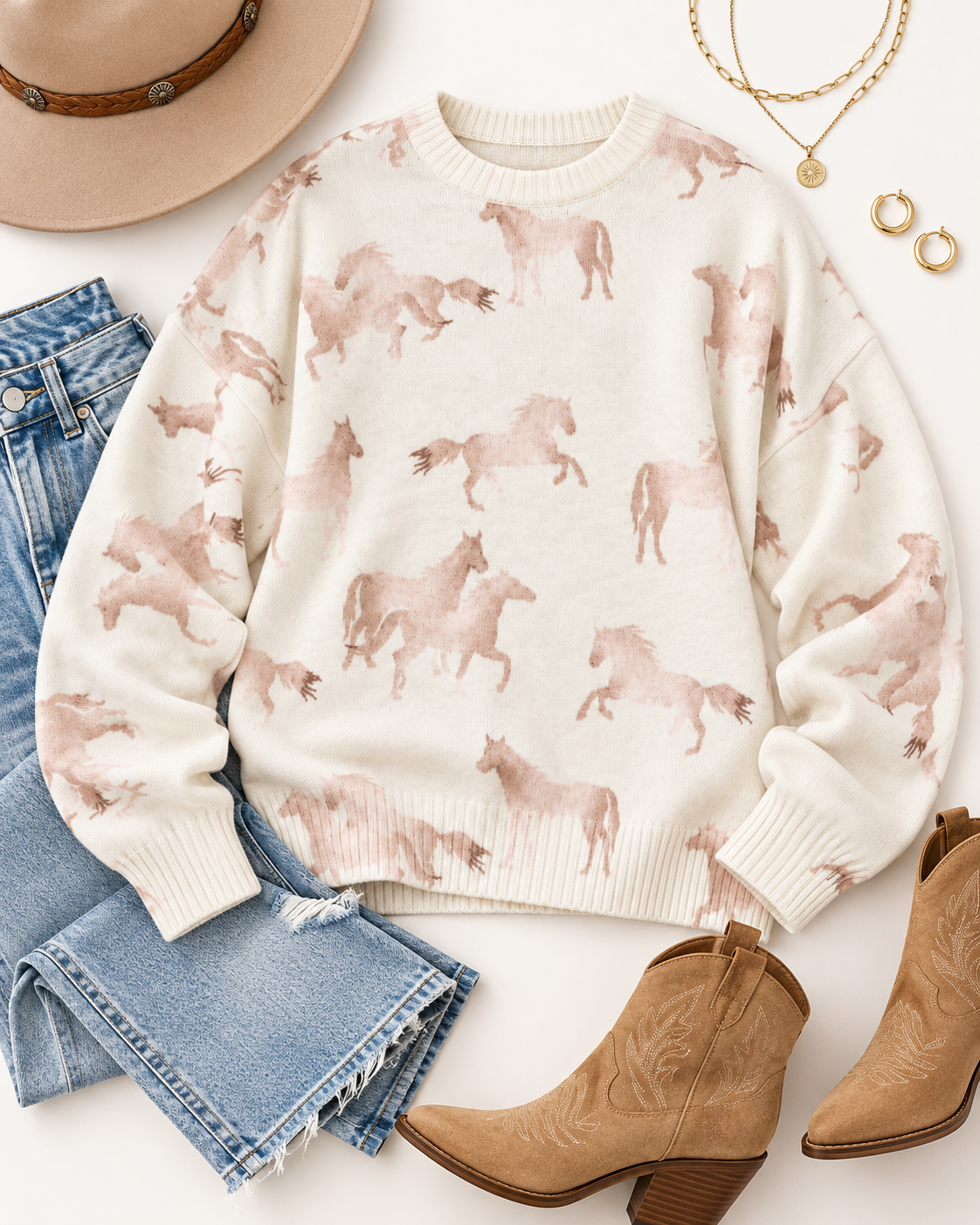 A cream knit sweater with a dusty pink horse print, styled in a flat lay with blue jeans, a beige hat, gold jewelry, and tan cowboy boots on a white background.