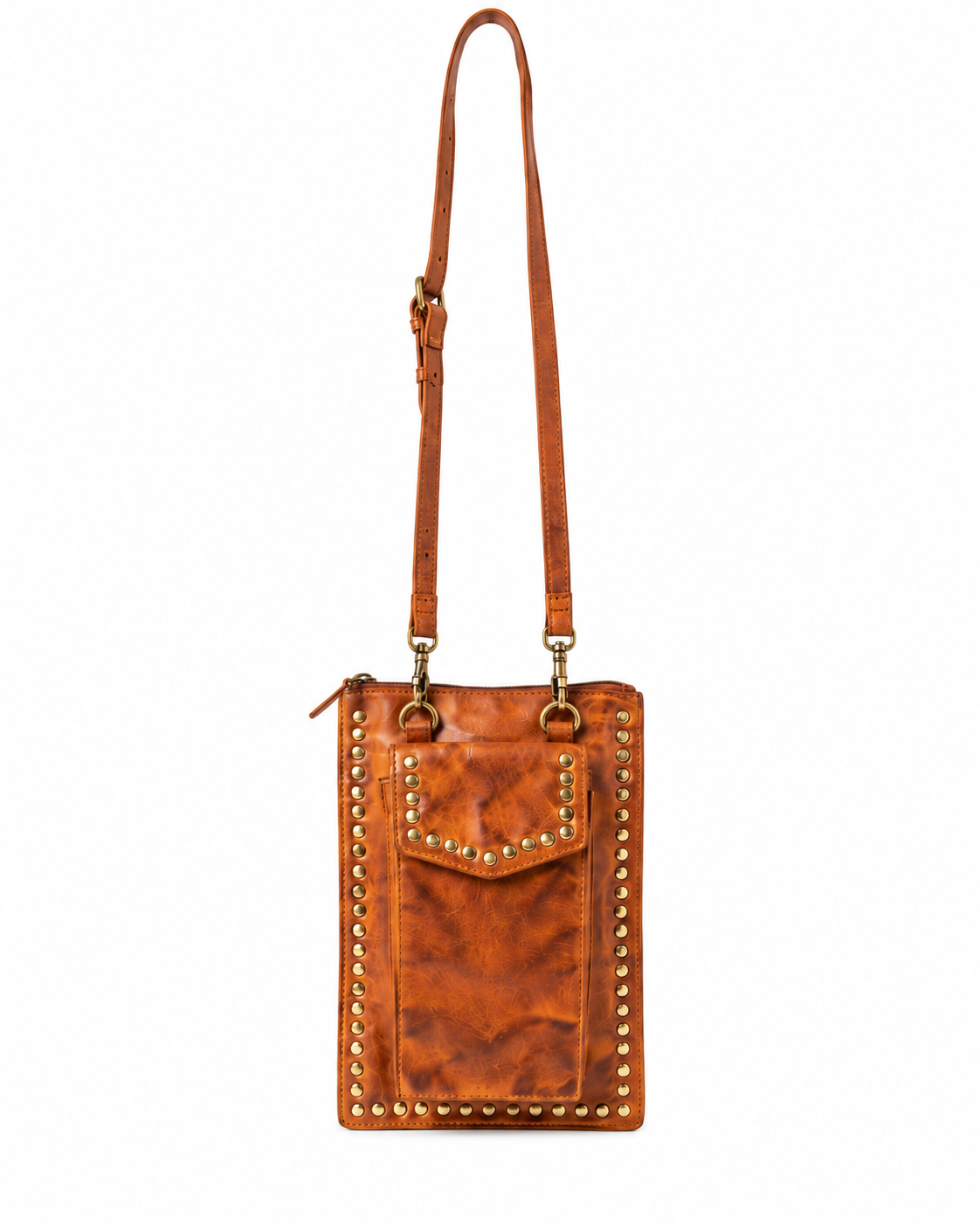 A brown distressed leather crossbody bag with a long shoulder strap, a front flap pocket decorated with gold studs, and gold-tone hardware, shown against a plain white background.