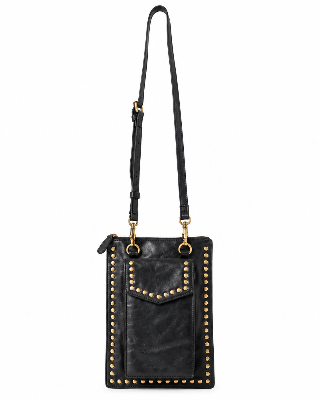 A black leather crossbody phone bag with gold-tone studs and hardware, featuring a long shoulder strap and a front pocket, shown against a plain white background.