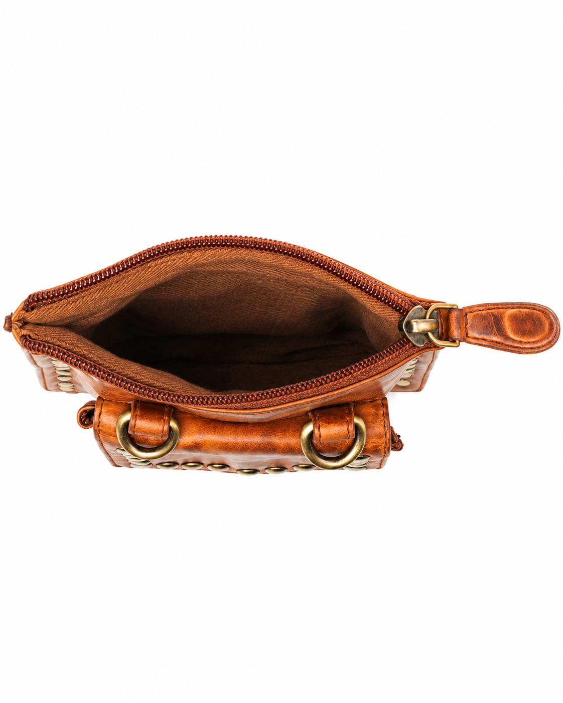 A top-down view of a brown leather pouch or clutch bag with a wide open zipper, brass-tone metal hardware, and a matching leather pull tab, shown on a plain white background.