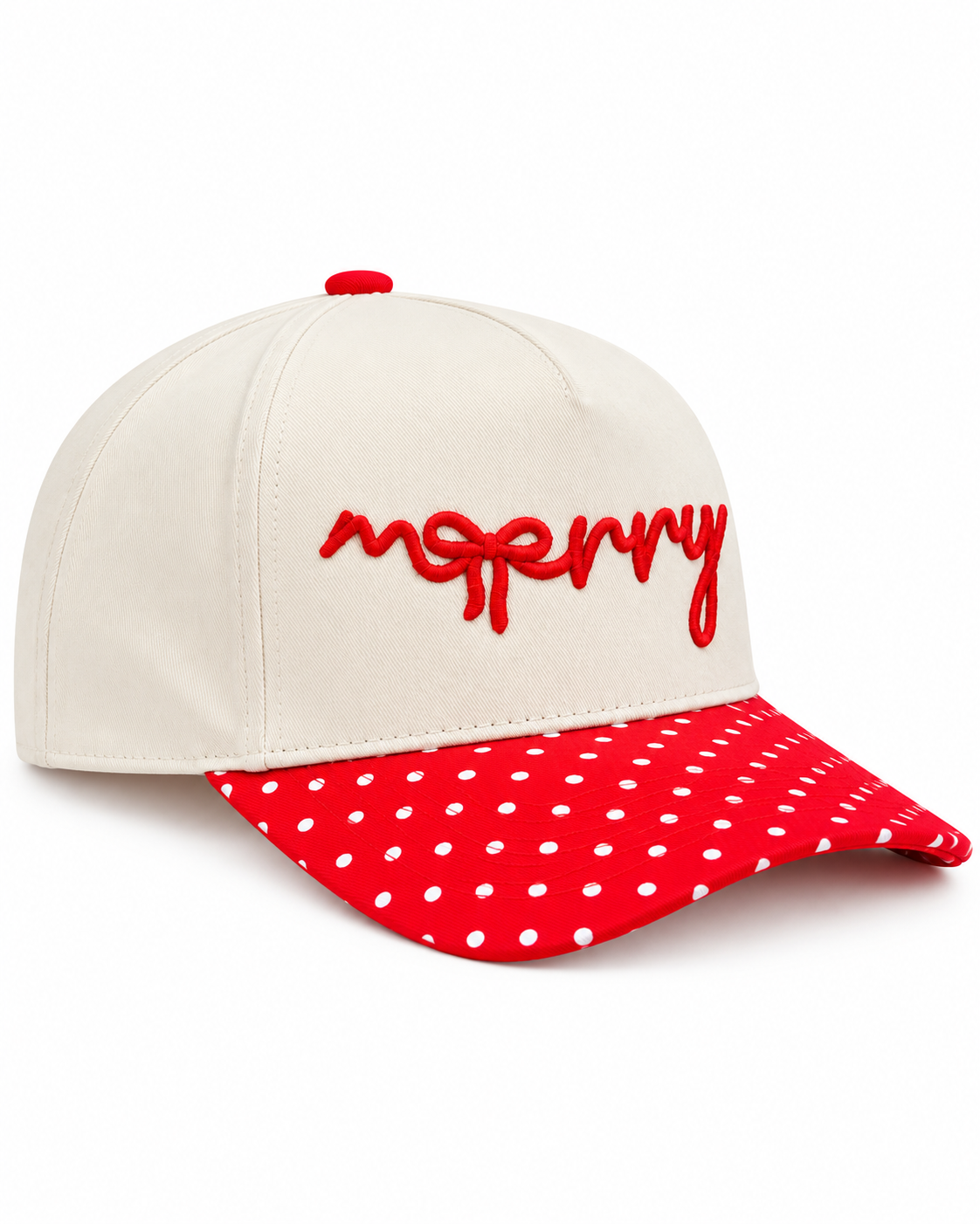 Merry Bow Embroidered Red Polka Dot Christmas Snapback Hat