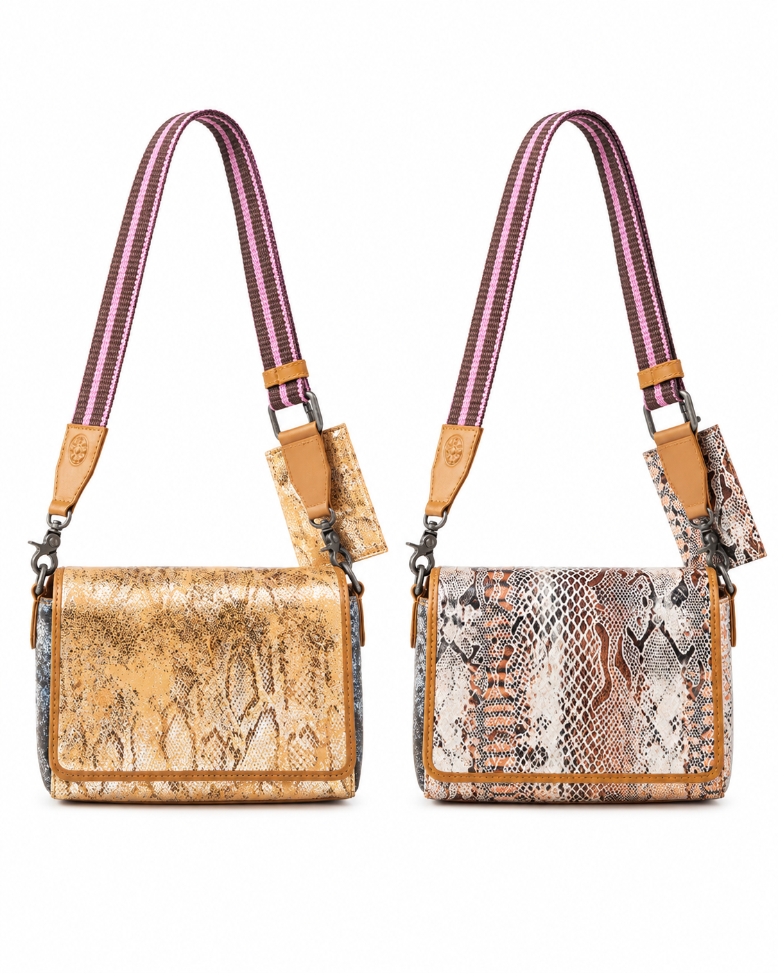 Two snakeskin-patterned shoulder bags with burgundy striped straps, displayed side by side on a white background.