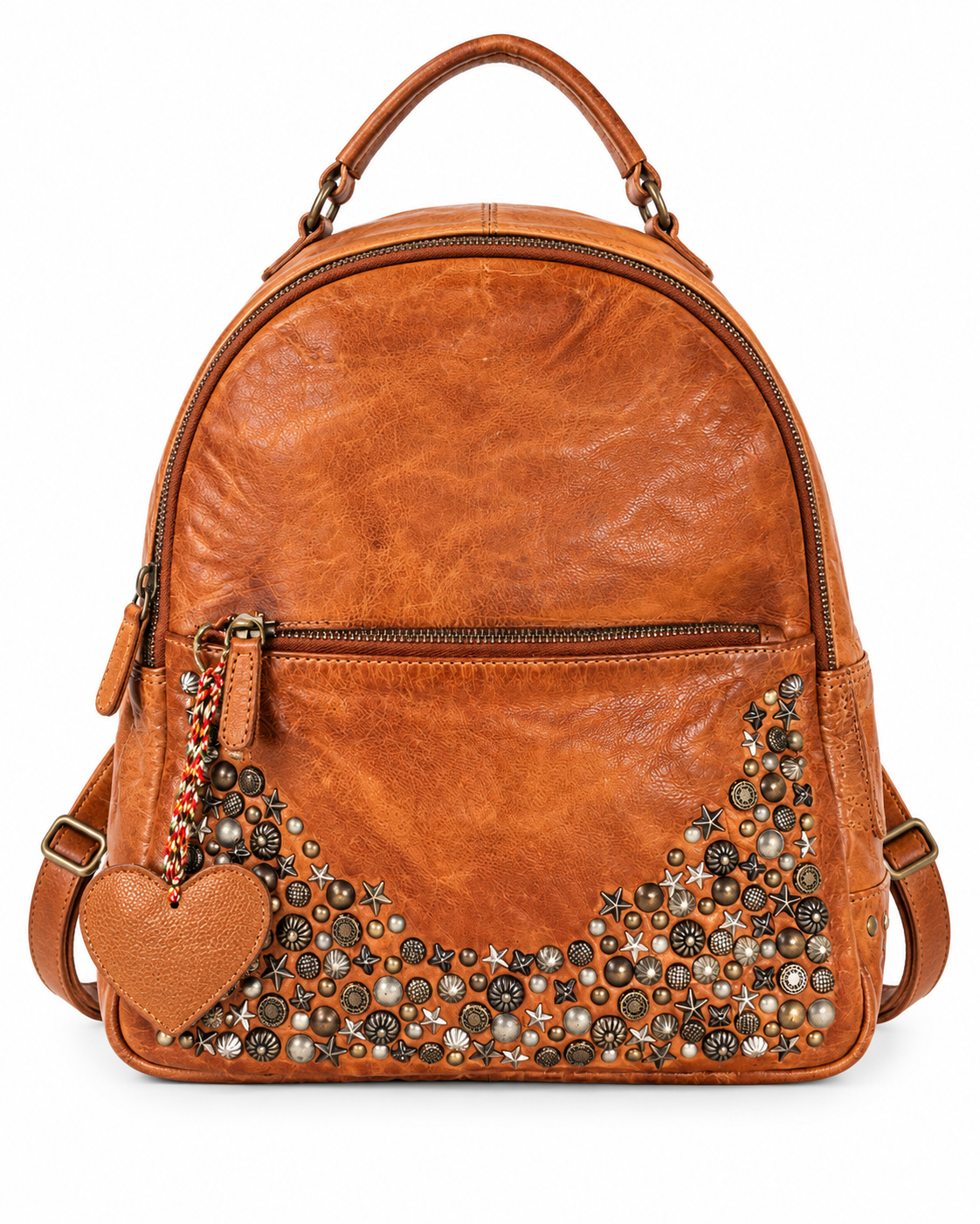 A brown faux-leather backpack with a distressed finish, featuring a decorative border of metallic and pearl-like buttons and star embellishments along the bottom front. It includes a top handle, a front zippered pocket, and a dangling heart-shaped charm.