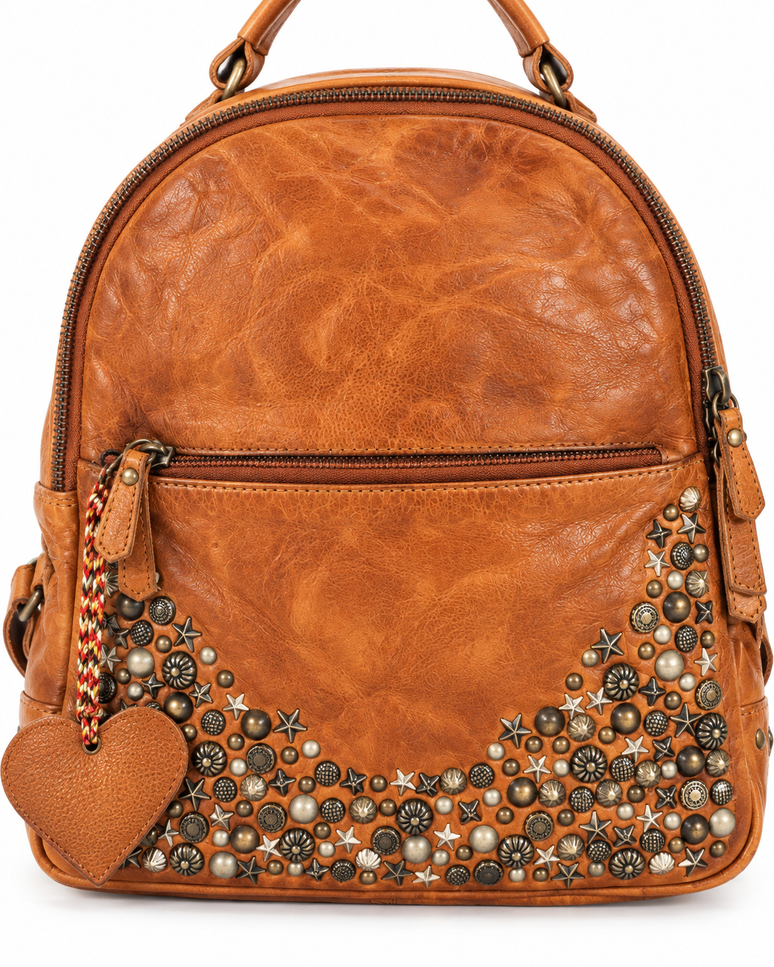 A brown faux-leather backpack decorated with a curved row of metallic and pearl-like studs, star charms, and a dangling heart-shaped charm on the front pocket.