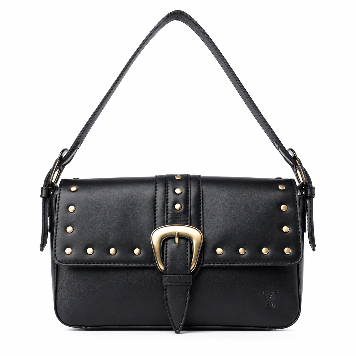 A black faux leather shoulder bag with gold-tone hardware, featuring a front flap decorated with gold studs and a central gold buckle, set against a plain white background.