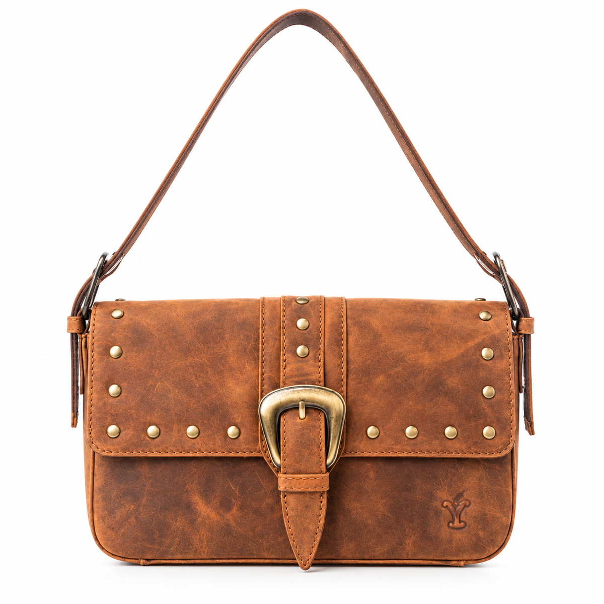 A brown distressed leather shoulder bag with a front flap, brass buckle, and silver-tone studs, shown on a plain white background.