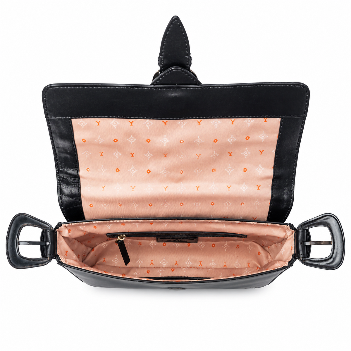 An open black leather shoulder bag with a peach-colored interior lining featuring a repeating orange and white monogram pattern, shown against a plain white background.