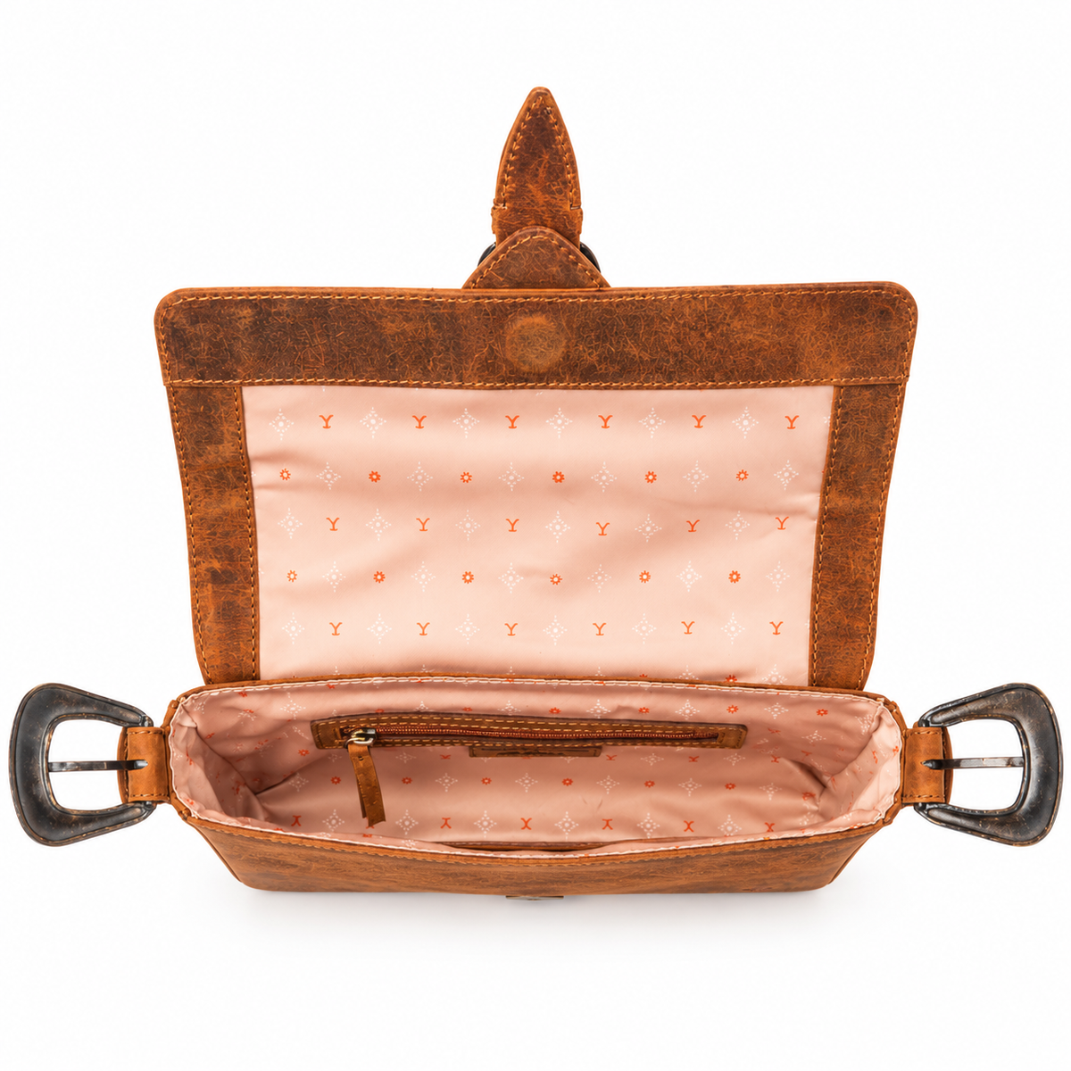 An open brown leather shoulder bag with a pointed top handle, showing a peach-colored patterned interior lining and a zippered pocket inside, set against a plain white background.