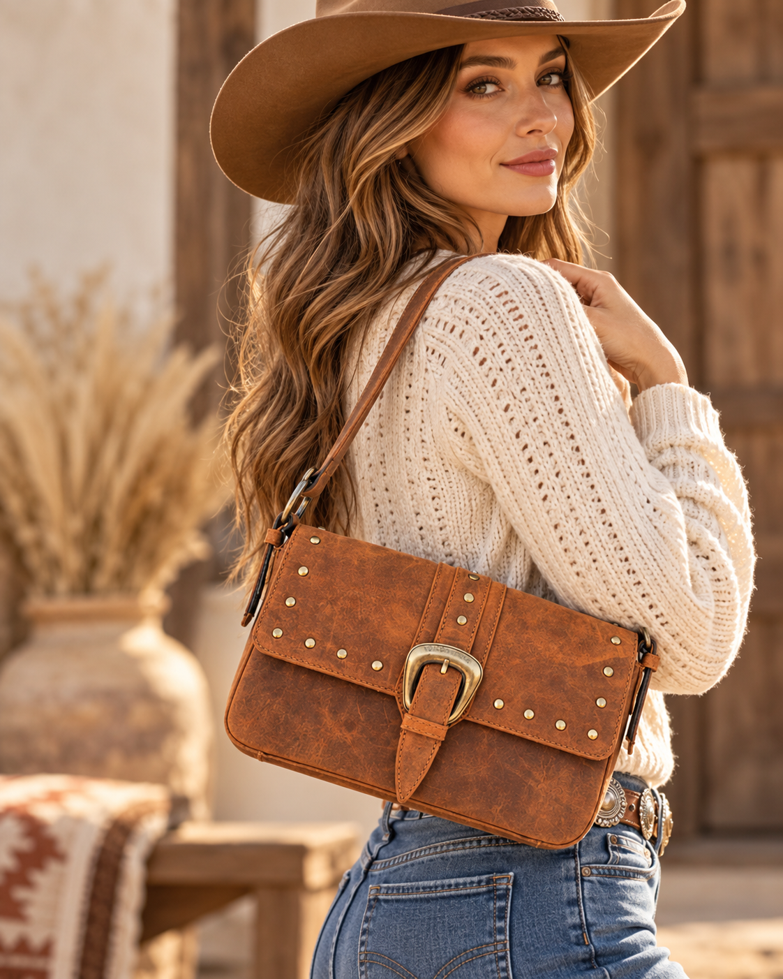 A woman wearing a brown leather crossbody bag with a large front buckle strap and metal studs, styled with a cowboy hat, cream knit sweater, and blue jeans in a rustic outdoor setting.