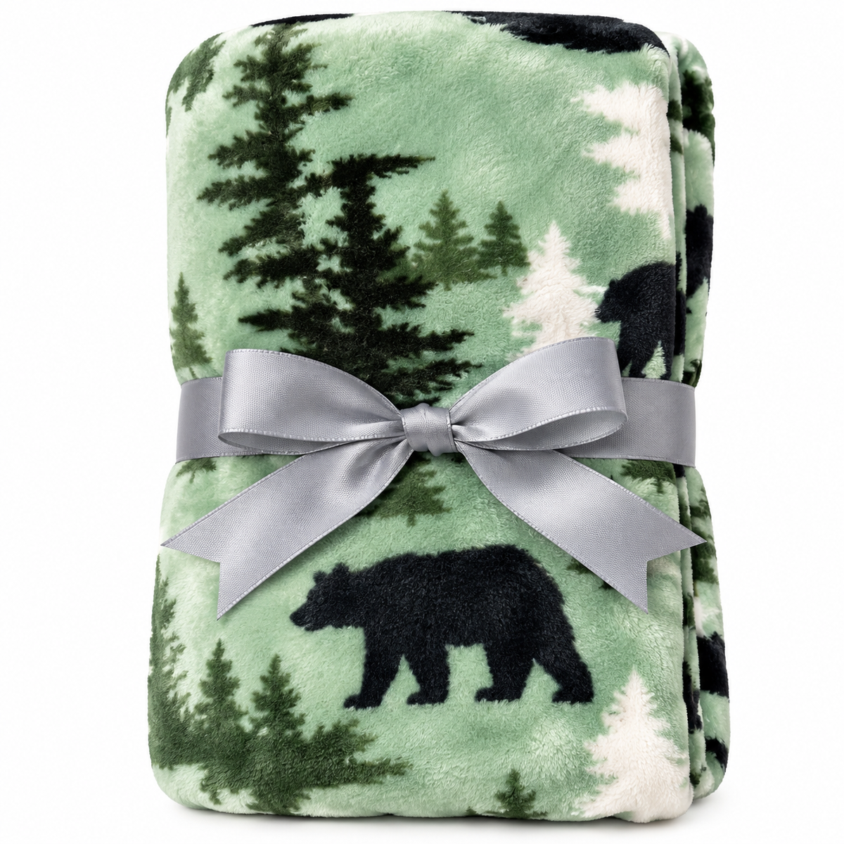 A folded fleece blanket with a pine forest and bear pattern, tied with a wide gray satin ribbon bow, on a white background.
