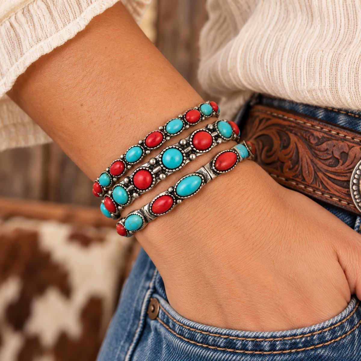 Desert Rodeo Faux Turquoise & Red Stone 3-Piece Bracelet Set