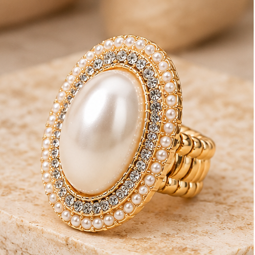Timeless Elegance Oval Faux Pearl Halo Stretch Ring | Gold & Silver