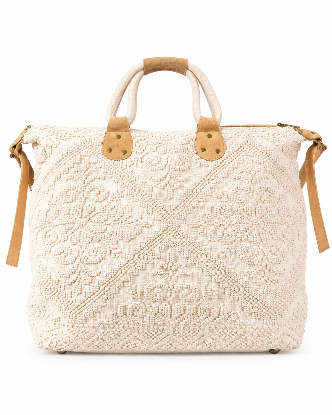 An off-white woven tote bag with tan leather handles and accents, shown against a plain white background.