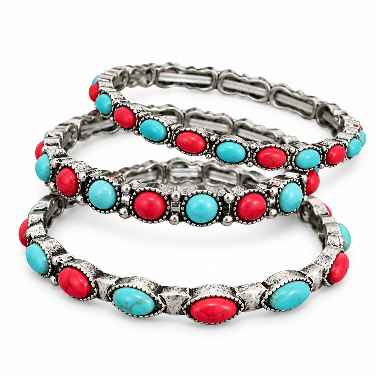 Desert Rodeo Faux Turquoise & Red Stone 3-Piece Bracelet Set