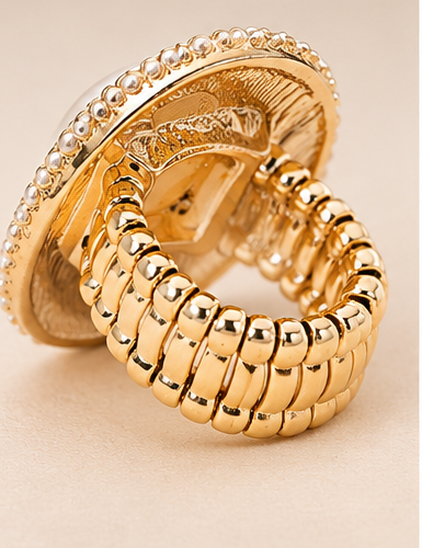 Timeless Elegance Oval Faux Pearl Halo Stretch Ring | Gold & Silver
