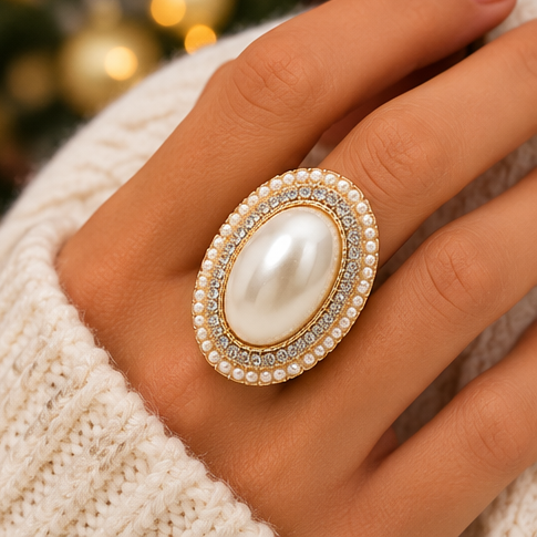 Timeless Elegance Oval Faux Pearl Halo Stretch Ring | Gold & Silver