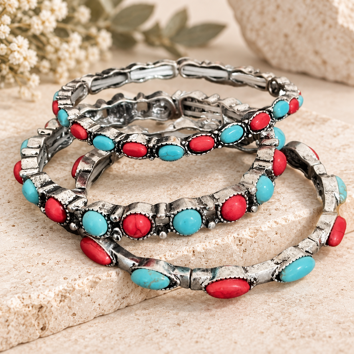Desert Rodeo Faux Turquoise & Red Stone 3-Piece Bracelet Set