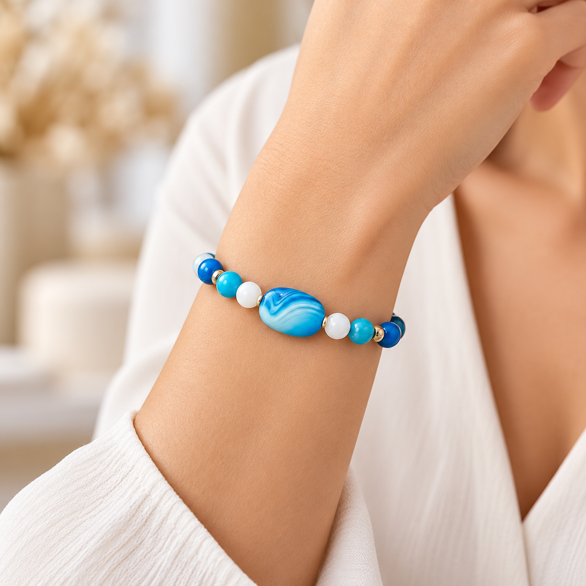 Blue Agate Gemstone Necklace & Bracelet Set