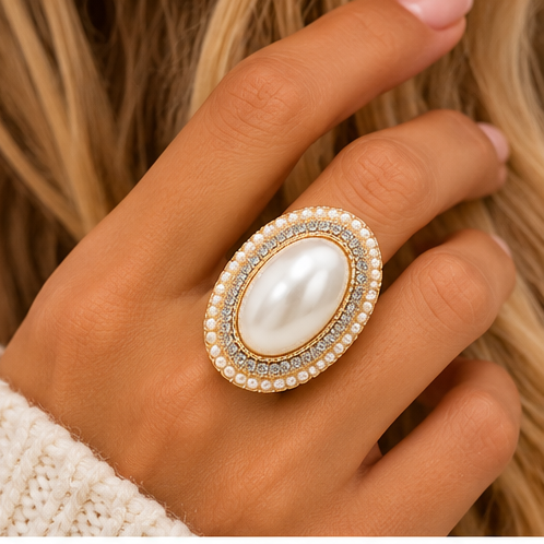 Timeless Elegance Oval Faux Pearl Halo Stretch Ring | Gold & Silver